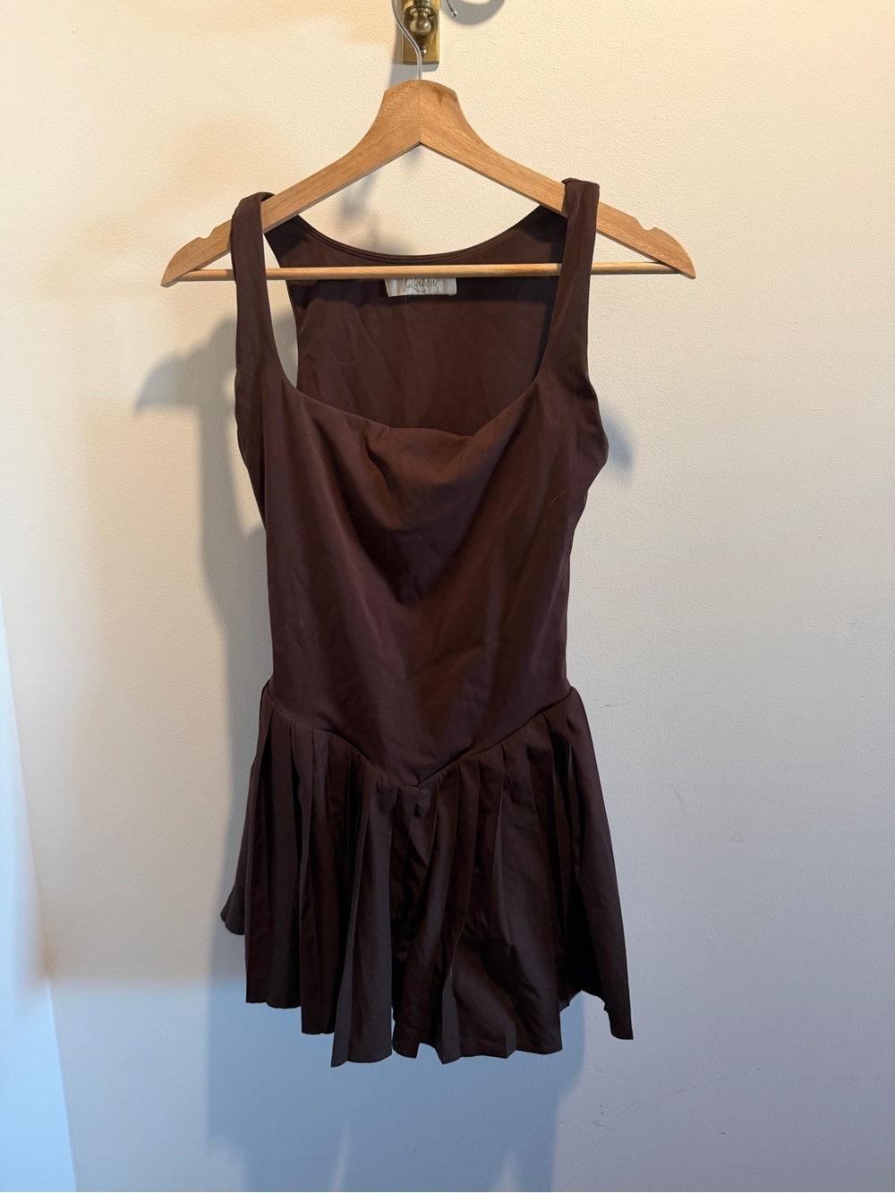 Qinsen Chocolate Brown Pleated Mini Dress